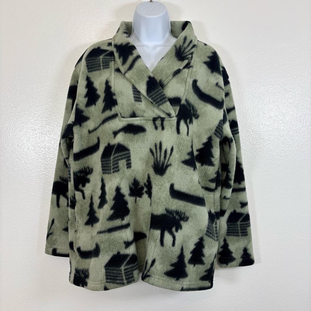 Ariel Woodland Moose Cabin Fleece Pullover Jacket Medium
